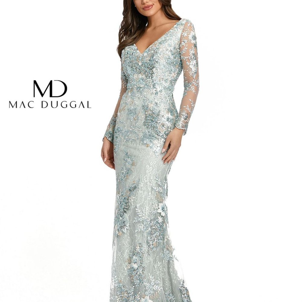 Mac Duggal 67539 Embellished V Neck Illusion Gown Seamist Sz 14
